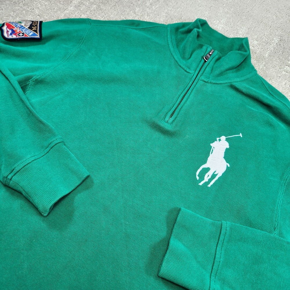 Vintage Polo Ralph Lauren Sweater Men Medium Big Pony Ski Patch Green 1/4 Zip